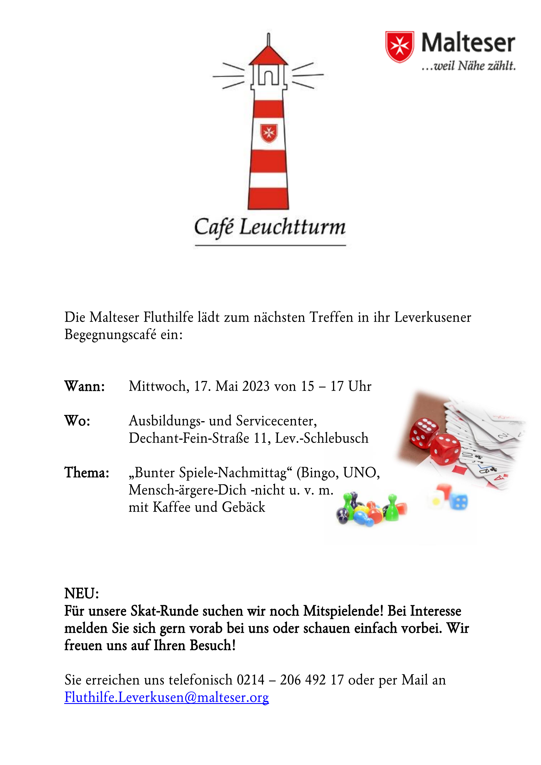 Aushang Cafe Leuchtturm Leverkusen im Mai 2023 // Grafik: Malteser